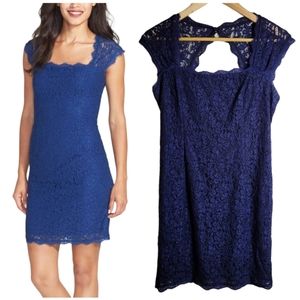 Adrianna Papell Lace Cap Sleeve Open Back Sheath Dress Navy Blue Size 10…